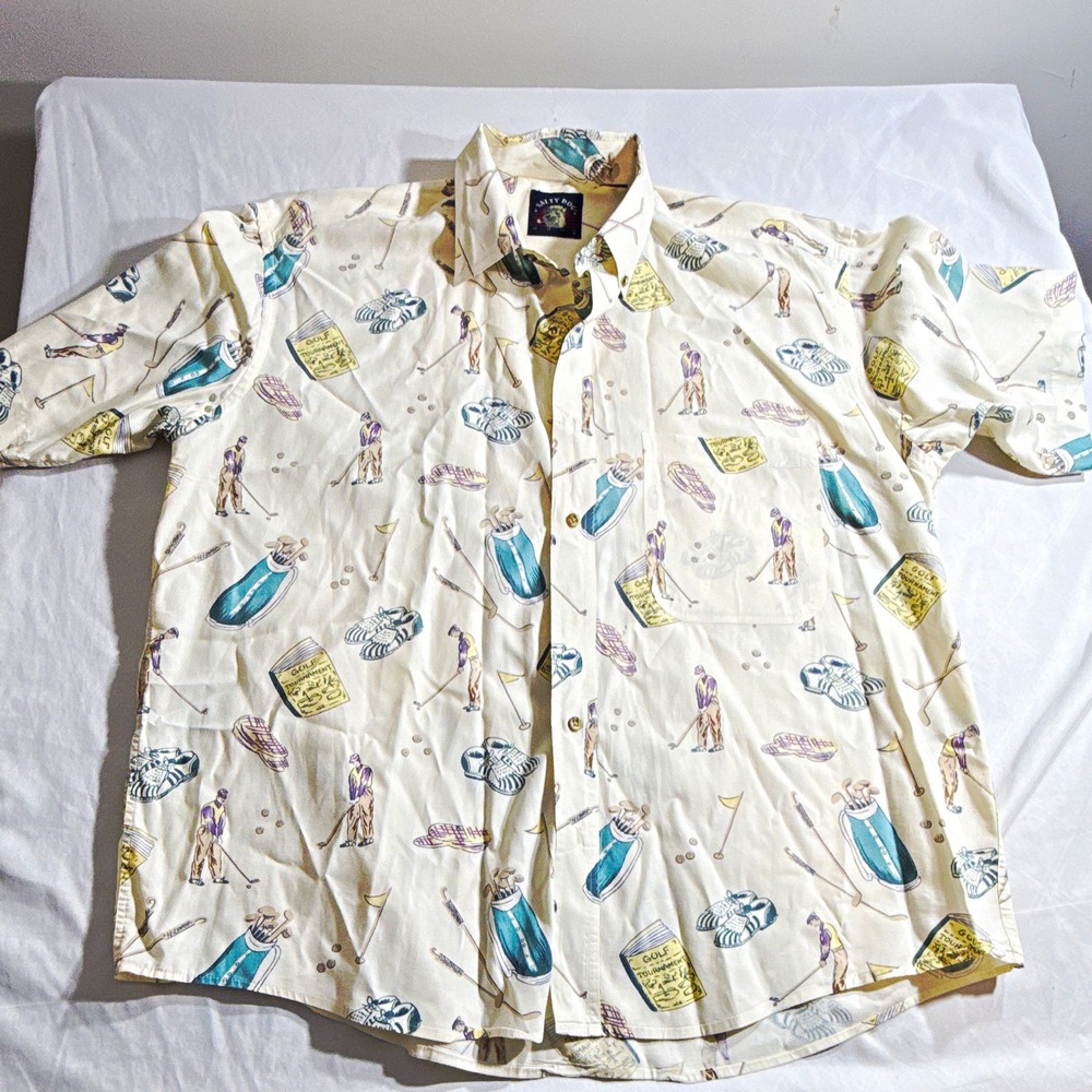 Salty Dog Mens XL White Golf Graphic Print Short Sleeve Button Up Shirt Pockets